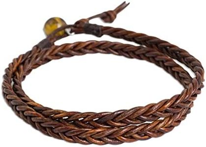 NOVICA Artisan Handmade .925 Sterling Silver Men's Tigers Eye Leather Wrap Bracelet Braided Brown Thailand 'Double Cinnamon'