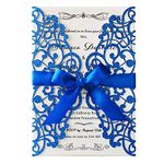 Hosmsua 5.12 x 7.3'' 50PCS Laser Cut Wedding Invitation Cards with Bowknot and Envelopes Lace Rose invitation for Sweet 16 Bridal Shower Wedding Invite (Royal Blue Glitter)