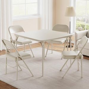 Folding Portable Card Table and Foldable Chair Set of 5, Pu Upholstered Foldable Chairs and Table With Metal Frame, Folding Table and Chair Suitable for Dining Room, Living Room, Office, Camping-Beige