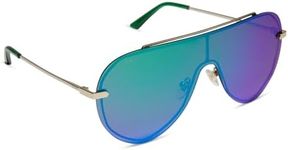 DIFF Imani Designer Oversized Shield Sunglasses for Women UV400 Protection, Gold + Green Mirror