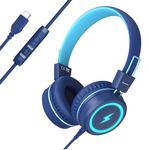 Bywulanda Kids Headphones with LED Lights for School, Upgrade USB Type C Kid Headphone with Microphone, Volume Limiter 85/94dB, Wired On Ear Headphones for Boys/Girls/Tablet/Travel