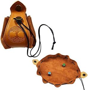Handmade Leather Dice Bag-Tray-Draw String Dice Pouch, Natural Brown Rich Looking Leather Moneybag Coin Cash Purse with Celtic Tree Design for DND Game and Other Roleplaying Games