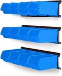 Ultrawall Wall Mounted Storage Bins, Plastic Hanging Storage Organizer Bins, Garage Tool Storage System for Screws, Nuts, Bolts, Nails, and Small Hardware Parts, 12x bins & 3 x rails, Blue