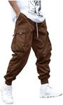 OYOANGLE Men's Casual Drawstring Elastic Waist Flap Pocket Letter Graphic Street Jogger Cargo Pants Deep Brown Large