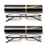 VANANA Slim Pocket Reading Glasses, Blue Light Blocking Magnifying Glasses, Metal Frame Spring Hinge Compact Readers with Portable Clip Case, Unisex for Men Women, Pack of 2 (Black, 2.00)