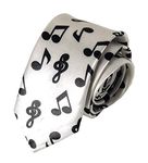 Men Boys Novelty Musical Notes Printed Necktie Super Skinny Fun Theme Thin Ties, White Note, One Size