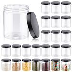 Irenare 24 Pcs 16 oz Clear Plastic Jars with Ribbed Lids Wide Mouth Food Plastic Mason Jars 16 oz Airtight Paint Storage Containers for Slime, Dried Fruit, Honey, Nuts, Kitchen Household (Black Lids)
