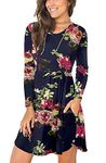 YUNDAI Women's Long Sleeve Dresses Casual Long Dress with Pockets M Pink Floral Navy