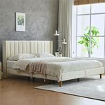 YUHUASHI Upholstered Platform Bed Frame/King Bed Frame/Modern Geometric Double-Wing Design Headboard/Flannel and Linen Fabric/Easy to Assemble No Noise (Cream, King (U.S. Standard))