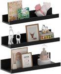 EXYGLO 16 Inch Black Floating Shelves for Wall Set of 3, Wood Picture shelves Wall Mounted Shelves for for Bedroom, Kitchen, Bathroom, Living Room, Office