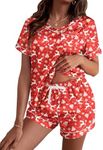 Ekouaer Silk Pajama for Women Short Sleeve Satin Pj Set Two Piece Soft Sleepwear Loungewear, Red Reindeer, XXL