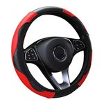 VidFair Car Steering Wheel Cover Leather,Anti-slip Breathable Carbon Fiber Sports Elastic Band Without Inner Ring Steering Wheel Cover Universal Size for Fit Four Seasons(Black-Red)