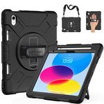 SUPFIVES iPad 10th Generation Case 2022, Upgraded Military Grade Heavy Duty Silicone Protector iPad 10th Gen 10.9 inch 2022 Cover Pencil Holder+ Rotating Stand+ Handle+ Shoulder Strap(Black)