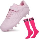 brooman Kids Firm Ground Soccer Cleats Boys Girls Football Cleats with Soccer Socks (1,Pink)