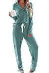 Ekouaer Women's Casual Loose Long Sleeve Sleep Shirt with Long Pants Lightweight Pajamas Button Sleepwear Set (Green,L)