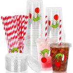 Whaline 50Pcs Christmas Disposable Plastic Cups with Lids and Straws 12oz Party Cups Green Funny Cartoon Hand Cold Beverage Drinking Cups for Xmas Party Supplies