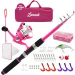 Lanaak Kids Fishing Pole and Tackle Box - with Net, Travel Bag, Reel and Beginner’s Guide - Rod and Reel Kit for Boys, Girls, or Youth (Pink - Open Reel)