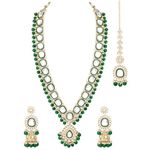 Peora Gold Plated Green Kundan Studded Long Necklace Earrings and Maangtikka Set Ethnic Traditional Jewellery for Women & Girls