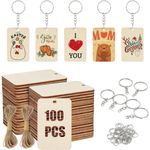 HOLIV 100 x Rectangle Unfinished Wood Slices with Holes and Keyrings for Crafts