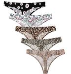 Kinyanco Seamless Thong Underwear for Women No Show Thongs Floral Underwear Invisible Panties for Women Girls (5-Pack Leopard, Medium)