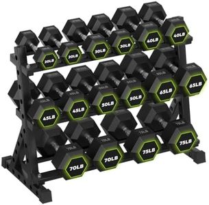 HANDBODE 790 lb Dumbbell Set with Rack Rubber Encased Hex Dumbbell Free Weights Dumbbells Set Home Weight Set with 3-Tier Dumbbell Rack, (Pair of 20 lb, 30 lb, 40 lb, 45 lb, 50 lb, 65 lb, 70 lb, 75 lb )