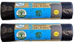 x10 wheelie bin liners extra Strong & Secure Large Dustbin Liners Tear Resistant Waste Rubbish Black Bags 300L capacity each bag (Pack of 2, 5 Wheelie Bin Liners in each pack)