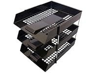 3 x BLACK PLASTIC FILING STORAGE LETTER TRAYS + 8 METAL RISERS RODS - DESK TIDY DOCUMENT PAPER FILING STACKING STACKER IN OUT - OFFICE SCHOOL COMMERCIAL STATIONERY SUPPLIES