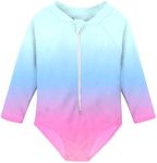 uideazone Little Girls Rash Guard Swimwear UV 50 Long Sleeve Pink Blue Gradient Swimsuit One Piece Swimming Costume Summer Beach Zipper Bathing Suits 8-9 Years