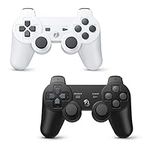 Powerextra PS3 Controller 2 Pack Wireless Double Shock High Performance Gaming Controller with Upgraded Joystick for Play-Station 3 Double Shock PS3 Console (Black+White)