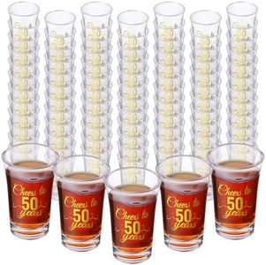 Hushee 100 Pcs 50th Gold Birthday Shot Glasses Bulk, 1.4oz Cheers to 50 Years Shot Glass Cute 50th Birthday Party Favors for Guests, Decorations Shot Glass for Birthday Party, Wedding, Company