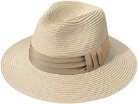 Lanzom Women Wide Brim Straw Panama Roll up Hat Fedora Beach Sun Hat UPF50+ (B-Khaki)