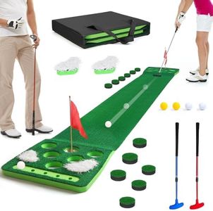 KEMLDIVS Golf Pong Game Set, Detachable Golf Pong Putting Mat with 8 Golf Balls, 2 Golf Cups & Flags, 1 Portable Bag, Golf Putting Green for Indoor & Outdoor Party Game Use (Green with Putter)