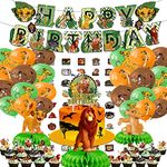 103pcs Lion Birthday Party Supplies, Include Birthday Banner, Cake Topper, Cupcake Toppers, Latex Balloons, Hanging Swirls and Stickers