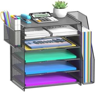 Samstar Mesh Desk Organizer, Paper Letter Tray with 5 Tier Racks Shelves,1 Extra Vertical File Sorter and Pen Holders for Office Supplies,Black