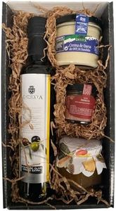 Cesta de productos gourmet con aceite de oliva virgen extra 250 ml en vidrio, crema de queso de oveja natural 110 g, paté ibérico DELIEX en formato de 30 g y mermelada