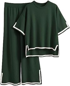 Tanming Sweater Sets Women 2 Piece Lounge Sets Short Sleeve Knit Pullover Tops Wide Leg Pants (ArmyGreen-M)