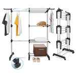 johgee 2 in 1 Clothes Drying Rack, Extendable Length 26-51 Inch, with 6 Foldable Wings on 3 Levels, Foldable Drying Rack for Large Families