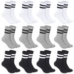 Invalidism 12 Pairs Kids Socks Junior Cotton School Sports Socks, Black White Grey Striped Crew Athletic Socks, Casual Stretchy Socks for Boys Girls Toddler 3-16 Years (9-12 Years)