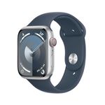 Apple Watch Series 9 [GPS + Cellular 45mm] Smartwatch with Silver Aluminum Case with Storm Blue Sport Band S/M. Fitness Tracker, Blood Oxygen & ECG Apps, Always-On Retina Display, Water Resistant