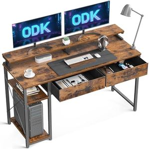 ODK Scrivania con 2 Cassetti, Scrivania Computer di Casa con Supporto per Monitor, Scrivania Ufficio Scrivania per PC Scrivania Gaming per Piccoli Spazi (Marrone, 120x50cm)