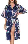 Lovasy Kimono Dressing Gowns Satin Kimono Robe Peacock and Blossoms Silk Dressing Gown for Women UK Long Silk Bride and Bridesmaid Robes,Dark Blue,L