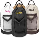 Personalized Travel Laundry Bag Backpack, Embroidered Extra Large Laundry Bag For Travel with Shoulder Strap, Custom Heavy Duty Laundry Bag with Mesh Pocket for Delicates, Traveling and Camping