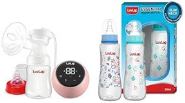 Luvlap Adore Electric Breast Pump with 2 Phase Pumping, & Anti-Colic Slim/Regular Neck Essential Baby Feeding Bottle, 250ml (Pack of 2), Jungle Tales & Wild Flowers,Blue