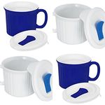 CorningWare Pop in Mug, 4 Mugs with Vented Plastic Covers (Bake, Microwave) 20 oz/591ml (White/Blue)