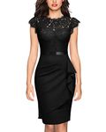 Miusol Women's Elegant Floral Lace Ruffle Design Cap Sleeve Cocktail Party Dress (Medium, Black)