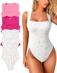 OQQ Women's 3 Piece Bodysuits Sexy Ribbed Strappy Square Neck Sleeveless Tummy Control Tank Tops Bodysuits Rose3 Candypink Sun flower white