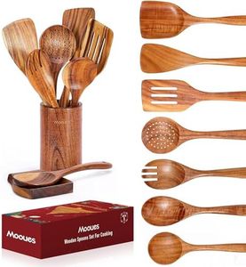 Wooden Spoons for Cooking, 9 PCS Teak Wooden Kitchen Utensil Set with Spoon Rest - Smooth Finish, Non-Stick, Comfort Grip Cooking Spoons and Utensils Holder, Heat Resistant Kitchen Utensils