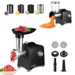 Electric Cheese Grater & Meat Grinder: Parmedu Electric Vegetable Cutter Electric Slicer Shredder Salad Maker - Professional Meat Mincer with 2 Plates, Sausage Maker & Kibbe Kit（Total 11 Attachments）