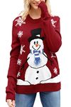 Sovoyontee Women's Cute Funny Ugly Christmas Sweater Snowflake Reindeer Holiday Knit Sweater Pullover, Red-snowmen, X-Large