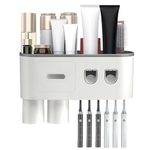 Toothbrush Holders Wall Mounted, Automatic Toothpaste Dispenser with Toothbrush Holder, 6 Brush Slots, 2 Magnetic Cups,1 Cosmetic Drawer Organizer and 1 Large Storage Tray